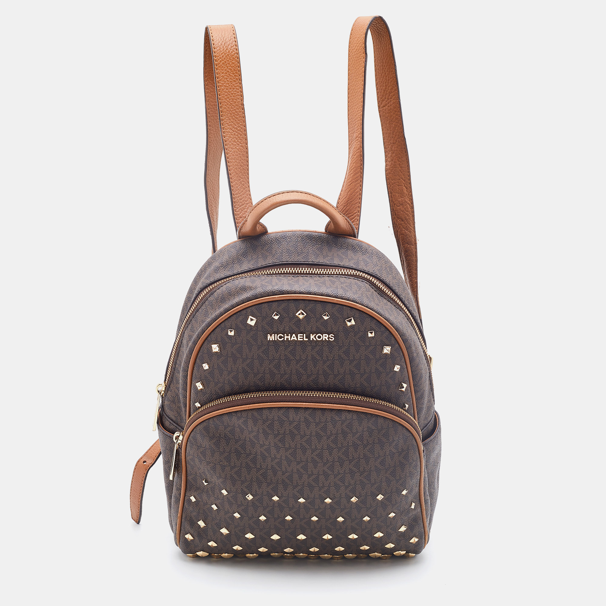 Michael Kors Brown Signature Coated Canvas And Leather Studded Abbey Backpack